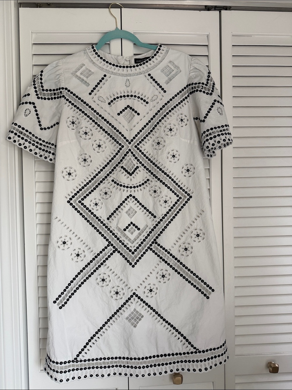 Marc Cain White Shift Dress with Black Embroidered Eyelet Detail